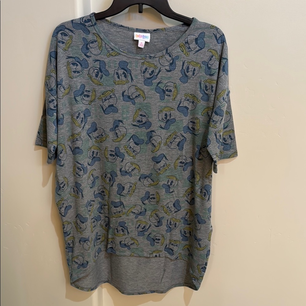 LuLaRoe Gray Donald Duck Tunic with Blue and Yellow Pattern
